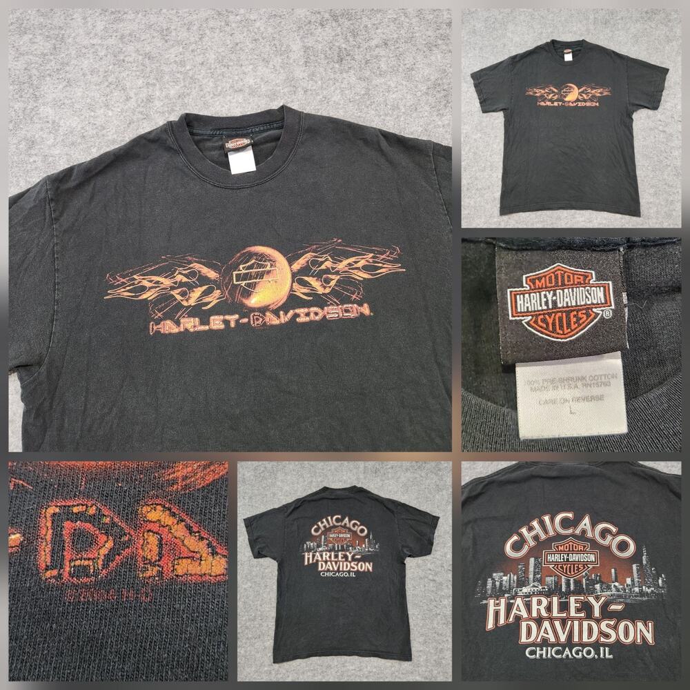 VTG Y2K Harley Davidson Motorcycles Men L Large Fire Flame Chicago Black T Shirt